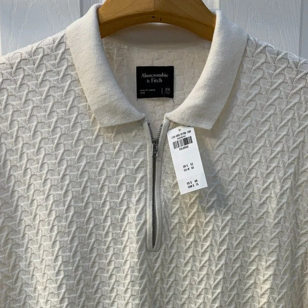 NWT Abercrombie & Fitch Cream Textural Stripe Zip Sweater Polo Size XXL